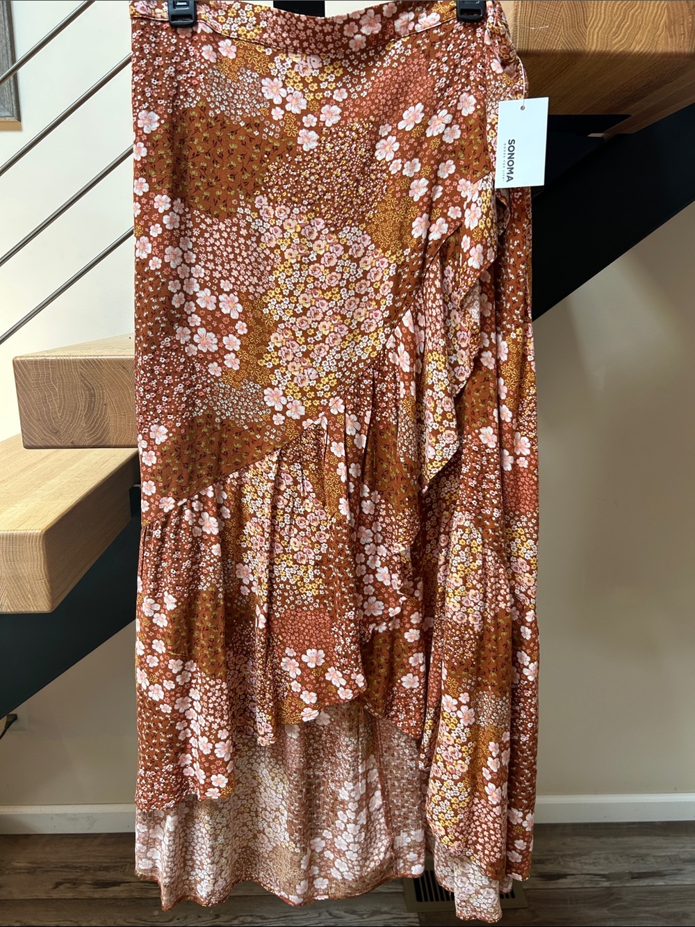 Sonoma Rust Floral Maxi Skirt with Pink & Cream Flowers